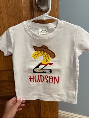 Personalized White Kids' Shirt with Cowboy Woody Toy Story Number 2. Disney!